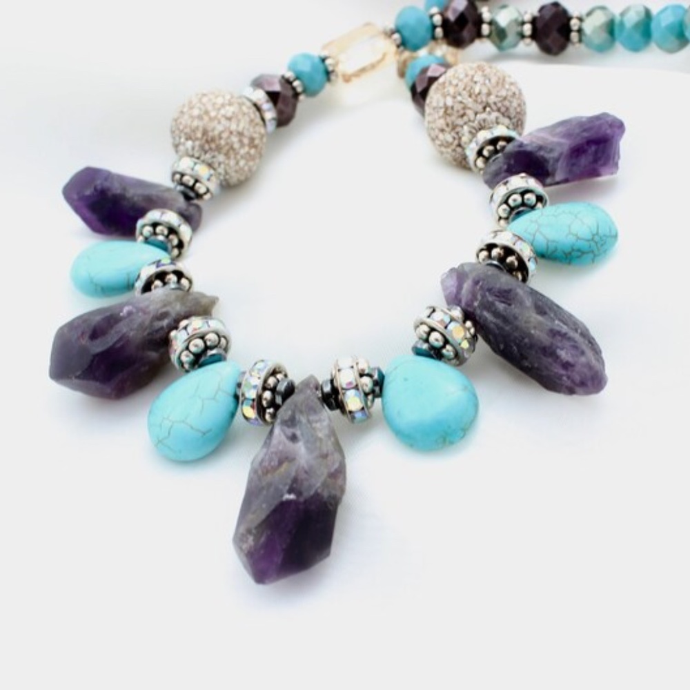 Rough Cut Amethyst Howlite Turquoise Statement Necklace